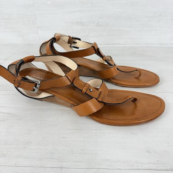 Coach Vivian Leather Thong Sandals Size 11 B Brown Strappy Low Wedge Classic - Picture 3 of 14